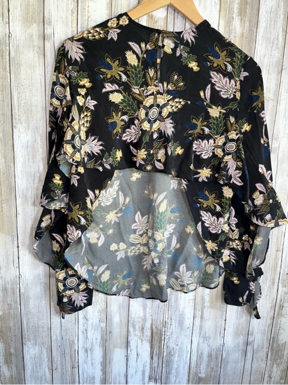 A.L.C. Cooper Silk Blouse Black Floral Open Back Hi Lo Hem Long Sleeve Top 2 - Picture 8 of 9